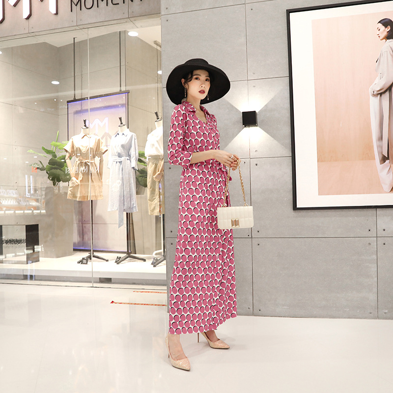 Summer New Women's Pink Printed One-piece Chest Wrap Long Dress Lapel Strap Waist Slimming Wrap Dress