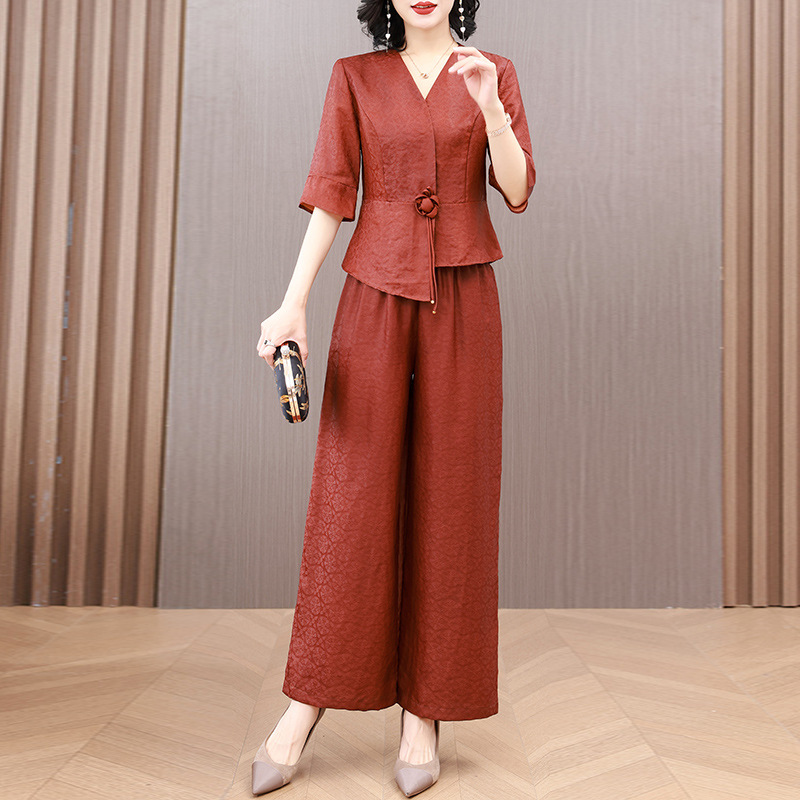 Luxury Silk Set for Women, Fashionable and Elegant, Heavyweight Mulberry Silk Xiangyunsha Two-Piece Set with Wide-Leg Pants, Plus Size for Moms
