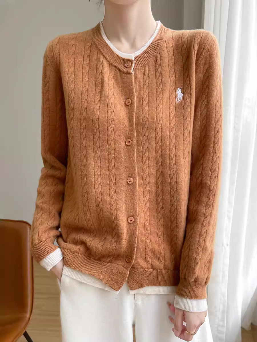 2024 Autumn and Winter New Embroidered Twist Knitted Cardigan Women's Autumn and Winter Early Spring Retro Round Neck Fake Two-piece Top