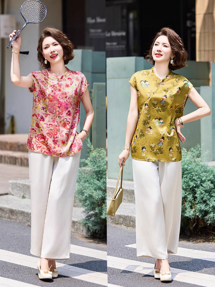 High-End New Chinese Style Retro Short-Sleeved Two-Piece Mother's Summer Dress New Middle-Aged Women's Silk Satin Wide-Leg Pants Suit
