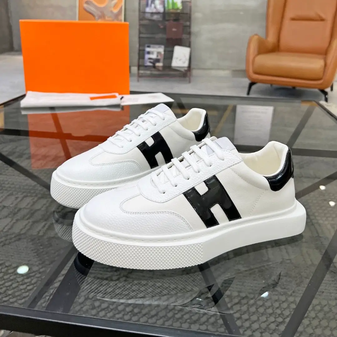 European Station White Shoes New thick-soled black light luxury low-top hair stylist genuine leather simple lace-up men's casual shoes