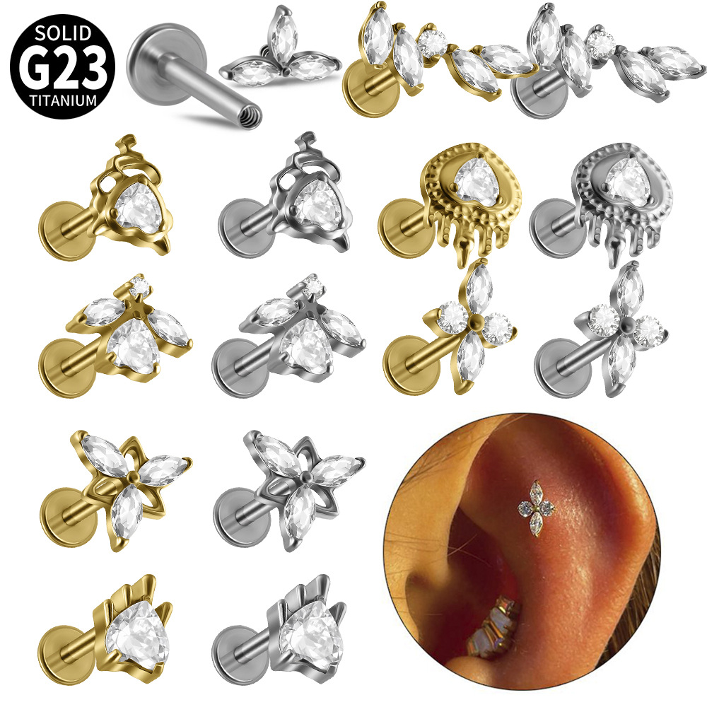 Cross-Border F136 Titanium Alloy White Zirconium Devil Internal Thread Lip Nail Electroplated Leaf Heart Flats Bottom Piercing Ear Bone Nail Decoration