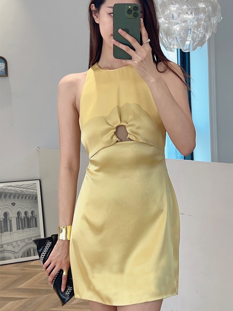 [Clearout No Returns or Exchanges] Satin Ice Silk Summer Shirt Slim Fit Hollow Metal Ring Sleeveless Dress for Women