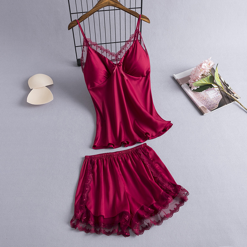 Cross-Border New Imitation Silk Suspender Shorts Pajamas Two-Piece Set with Chest Pad Summer Pajamas Women's Ice Silk Thin Set