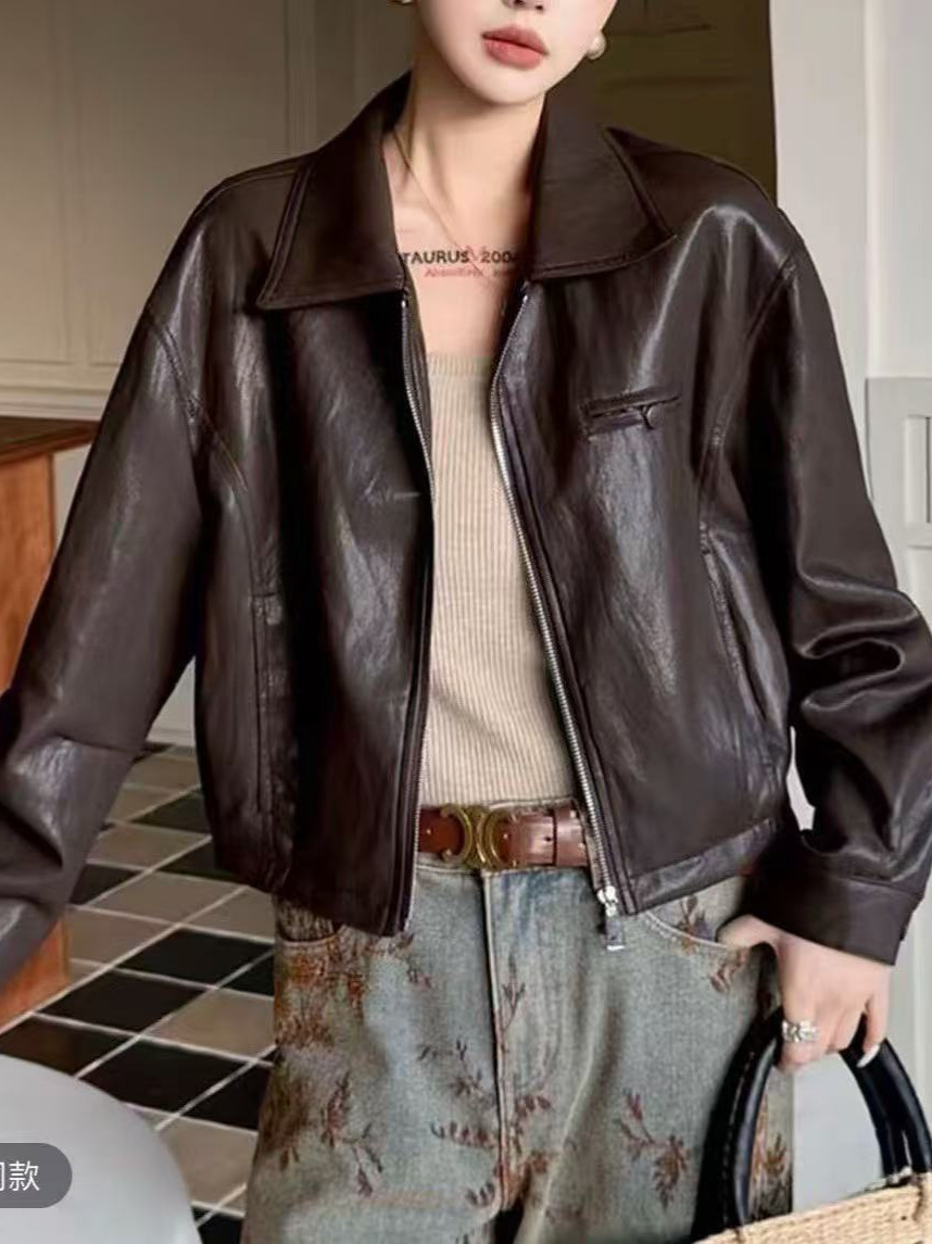 26 Spring Style Women's Leather Jacket Loose Casual Long Sleeve Jacket New Lazy Style Leather Jacket Short Motorcycle Jacket