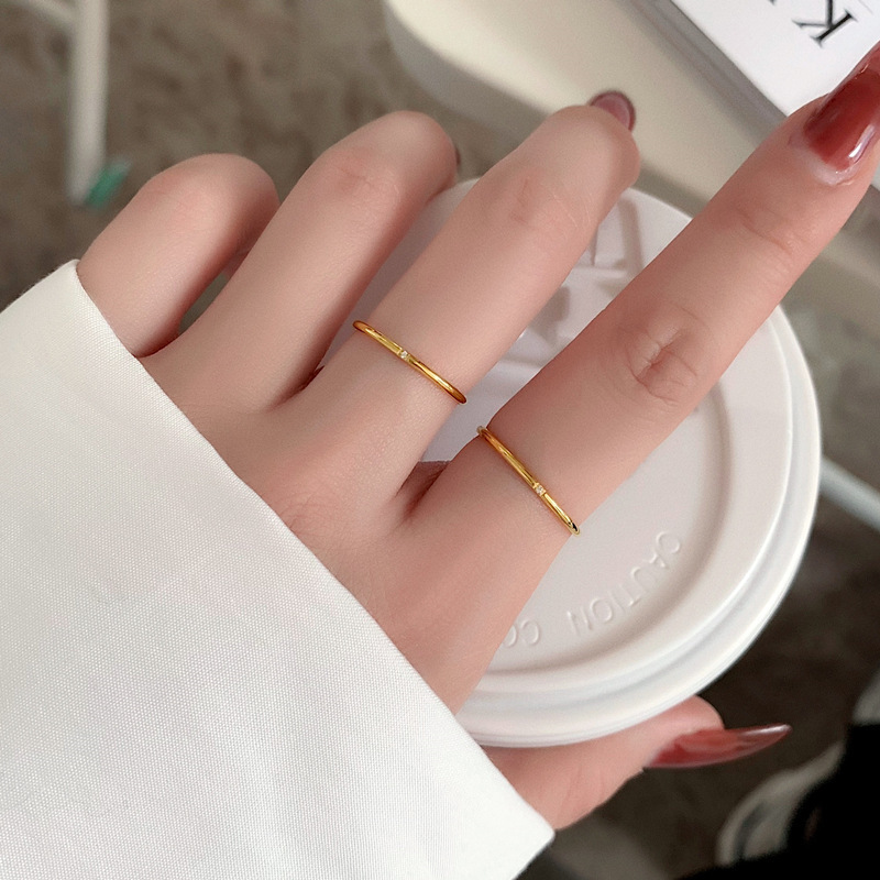Japanese and Korean Style Simple Extremely Fine Titanium Steel Ring with Diamond for Women Cool Niche Design Index Finger Tail Ring Fashion Internet Trendy Jewelry