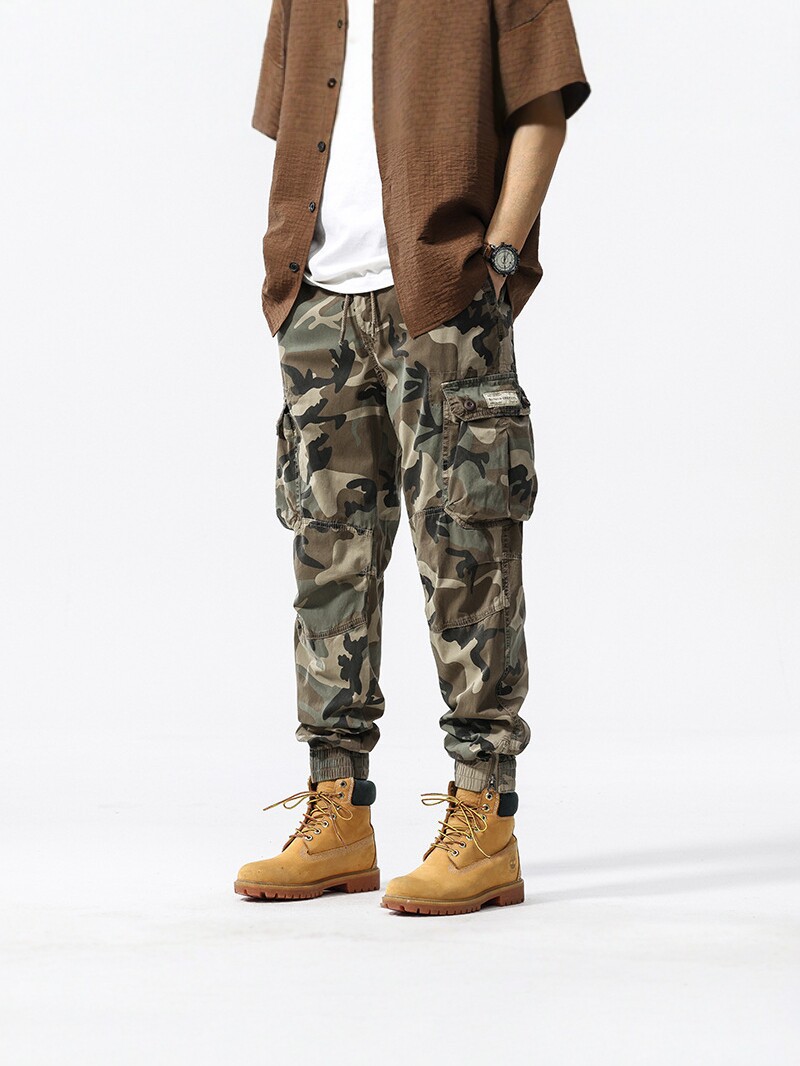 New Cross-Border Camouflage Cargo Pants for Men, Loose Fit with Drawstring, Multi-Pocket Outdoor Casual Long Pants, Trendy Japanese Retro Style