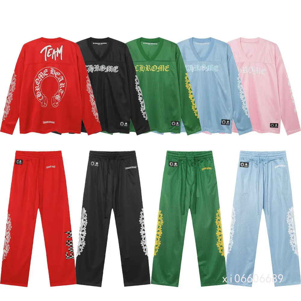 High Version Ch Sanskrit Graffiti Cross Print Men's and Women's Mesh Pants Loose Sports Long Sleeves