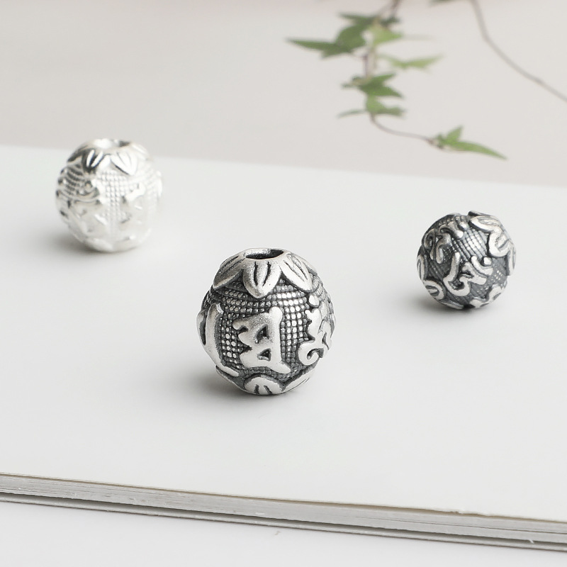 S999 Foot Silver 3D Hard Silver Six Words Truth Bead DIY Rope Beaded Bracelet Necklace Round Bead Jewelry Accessories