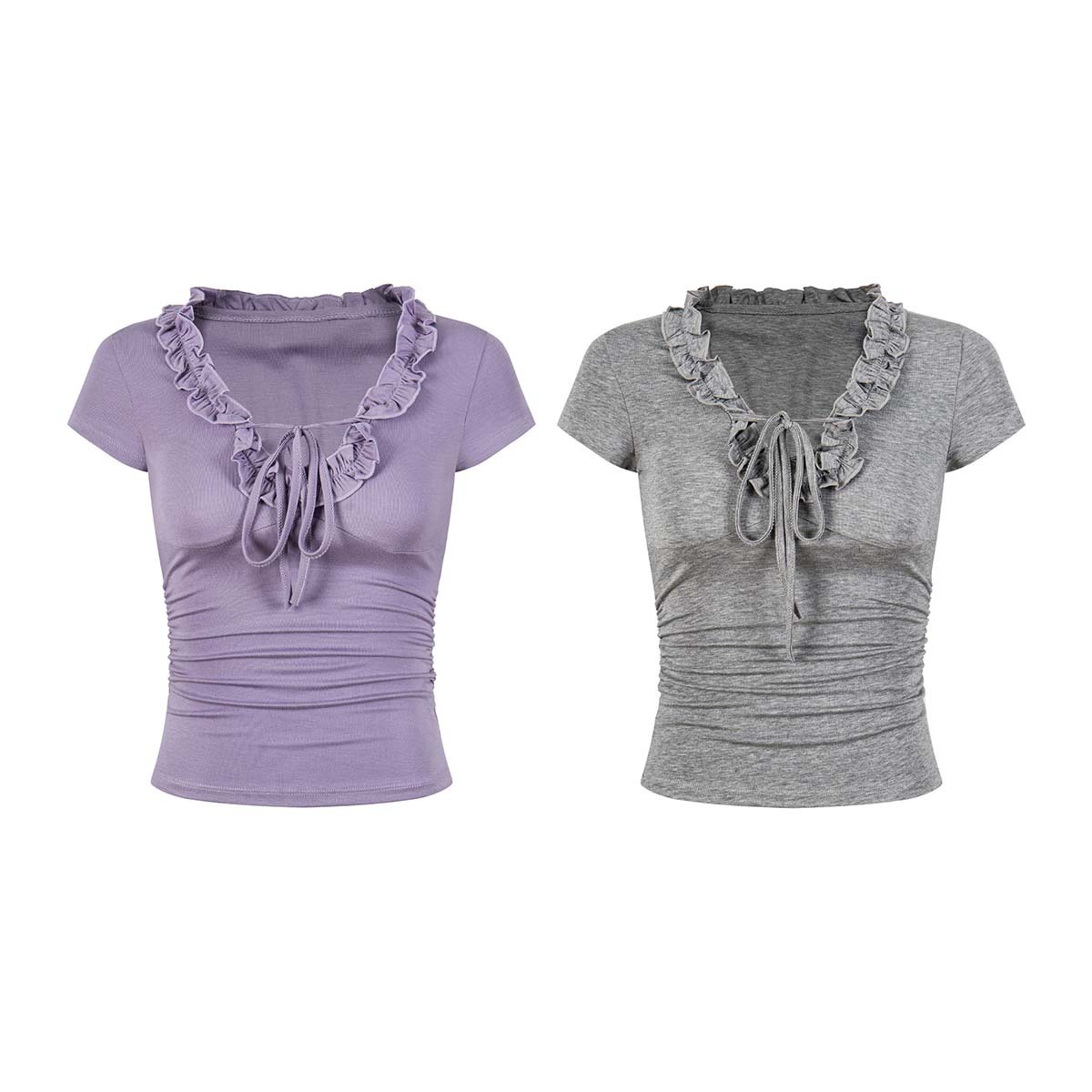 Unbdns Korean-Style Sweet and Spicy Ruffled Slim-Fit Short-Sleeve T-Shirt for Women, Summer Waist-Cinching Tie-Up Pure Desire Temperament Versatile Top