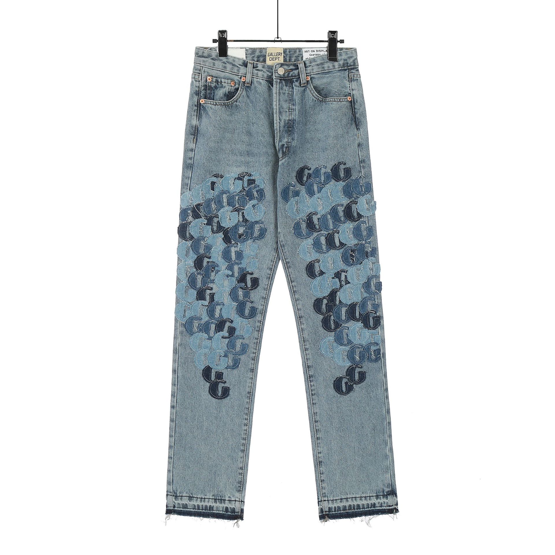 Cross-Border Foreign Trade American High Street Ripped Patch Letter Embroidery Washed Slim Straight Leg Jeans Pants
