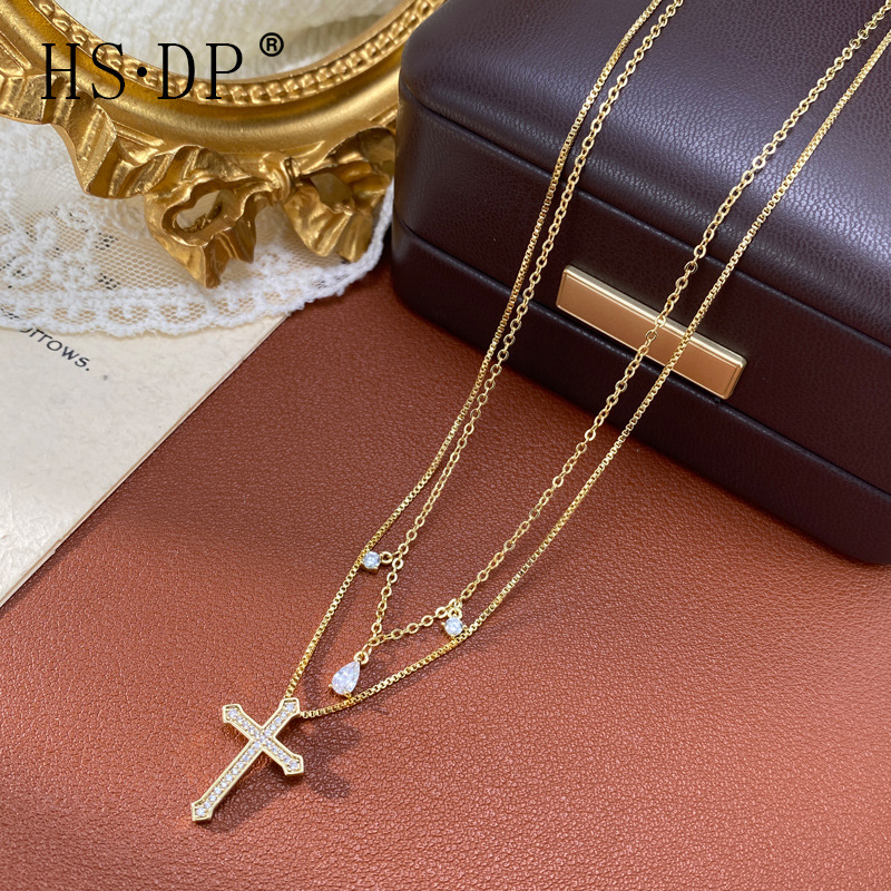 Niche Fashion Minimalist Double-Layer Diamond-Encrusted Water Drop Cross Necklace, Personalized Light Luxury Unique Design Neck Chain Wholesale