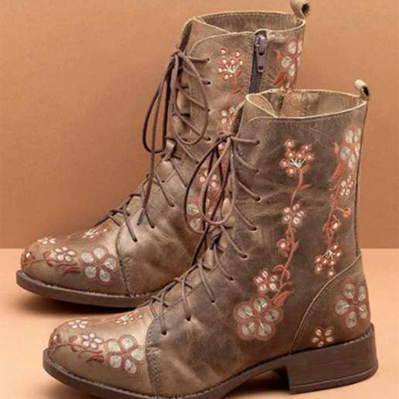 Independent Station Foreign Trade European and American Retro Printed Embroidered Martin Boots Women's Color-matching Single Boots Fashion Ethnic Style Short Boots