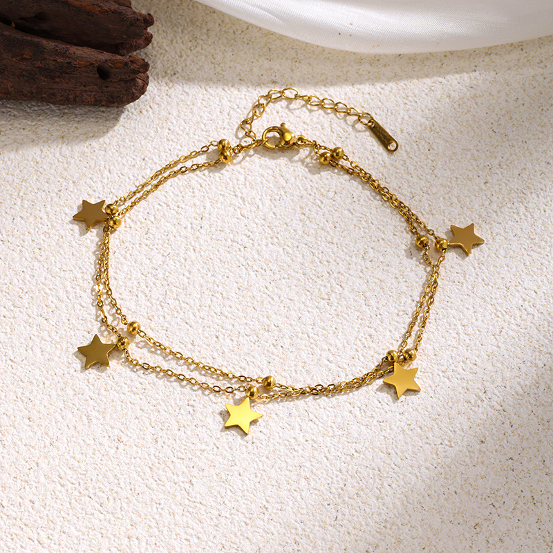 Cross-Border New Fashion Versatile Five-Pointed Star Tassel Pendant Titanium Steel Bracelet for Women Simple Double-Layer Star Titanium Steel Anklet