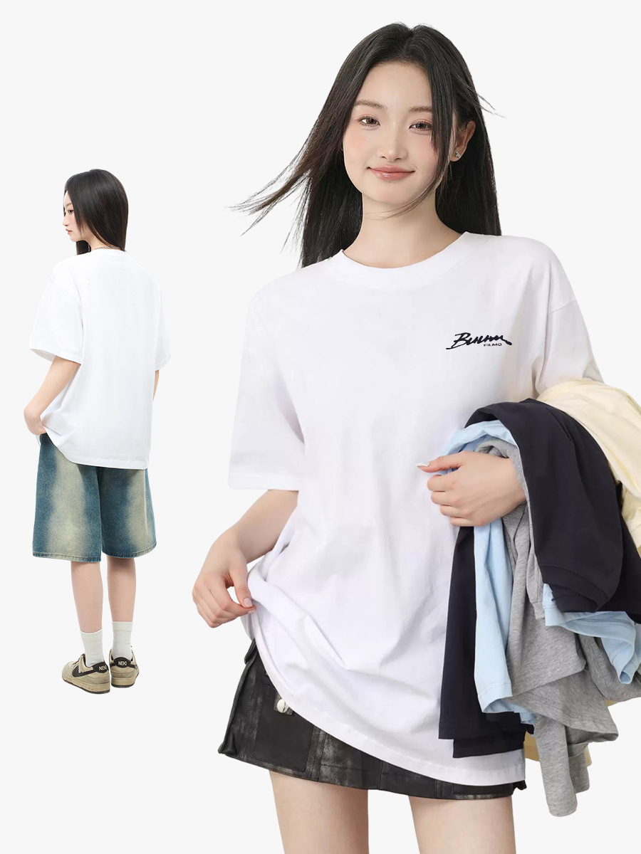 Summer 230g American Letter Stereo Printed T-Shirt for Women, Breathable, Slimming Look, Short-Sleeved, Pure Cotton, Casual and Versatile Clothes