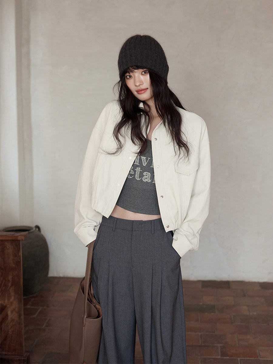 Ximeng 2026 New Spring Korean Style Petite Women's Stylish and Elegant High-End Apricot Leather Jacket