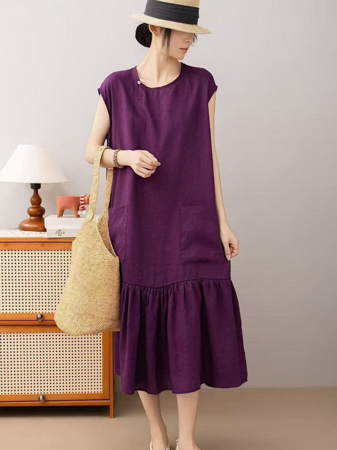 2026 Summer Dress for Women, Pure Linen Dress, Mid-Length Pullover, Round Neck, Loose Casual Dress, Skin-Friendly