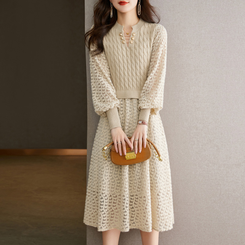 Korean Elegant Lady Knitted Dress 2025 Autumn and Winter New Fashion Lantern Sleeve Fake Two-Piece Long Sweater Dress