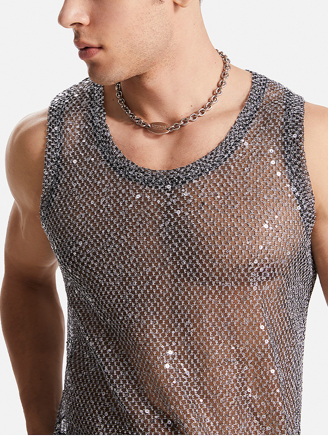 European and American foreign trade heavy craft sleeveless European and American men's hollow mesh T-shirt European and American men's perspective sexy vest tide