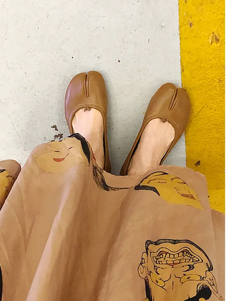 Zhao Lusi Silver Split-Toe Shoes Soft Leather Soft Sole Mirror Cracked Pig Trotters Shoes Genuine Leather Horseshoe Shoes Pig Feet Flats Women