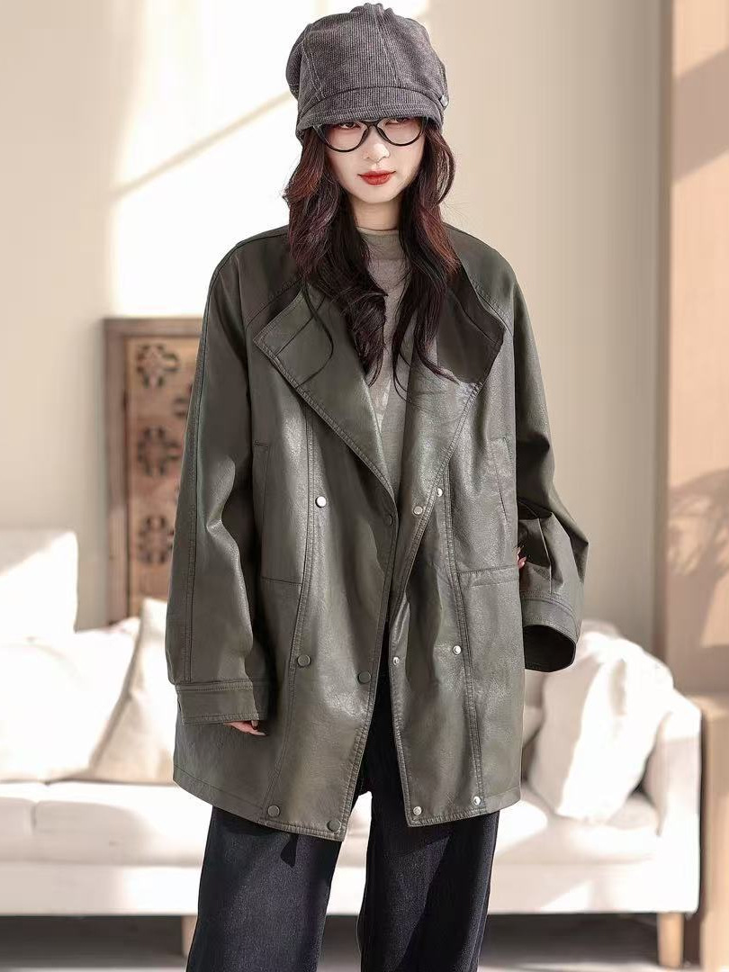 26 Spring Style Leather Jacket for Women, Lapel Long-Sleeved Cardigan Jacket, Loose Casual Korean Style Jacket, Mid-Length