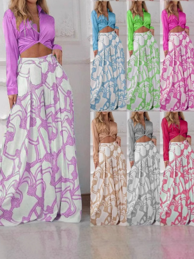 2025 South American Women's New Printed Casual suit Lapel Sexy Strap Shirt. Waist Wide-leg Pants Two-piece Set