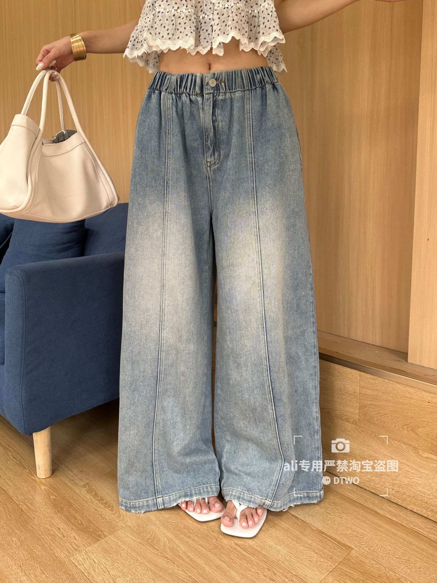 Dtwo Spring/Summer New Original Design Thirteen Lines Women's Wholesale Elastic Waist Loose Wide-Leg Jeans