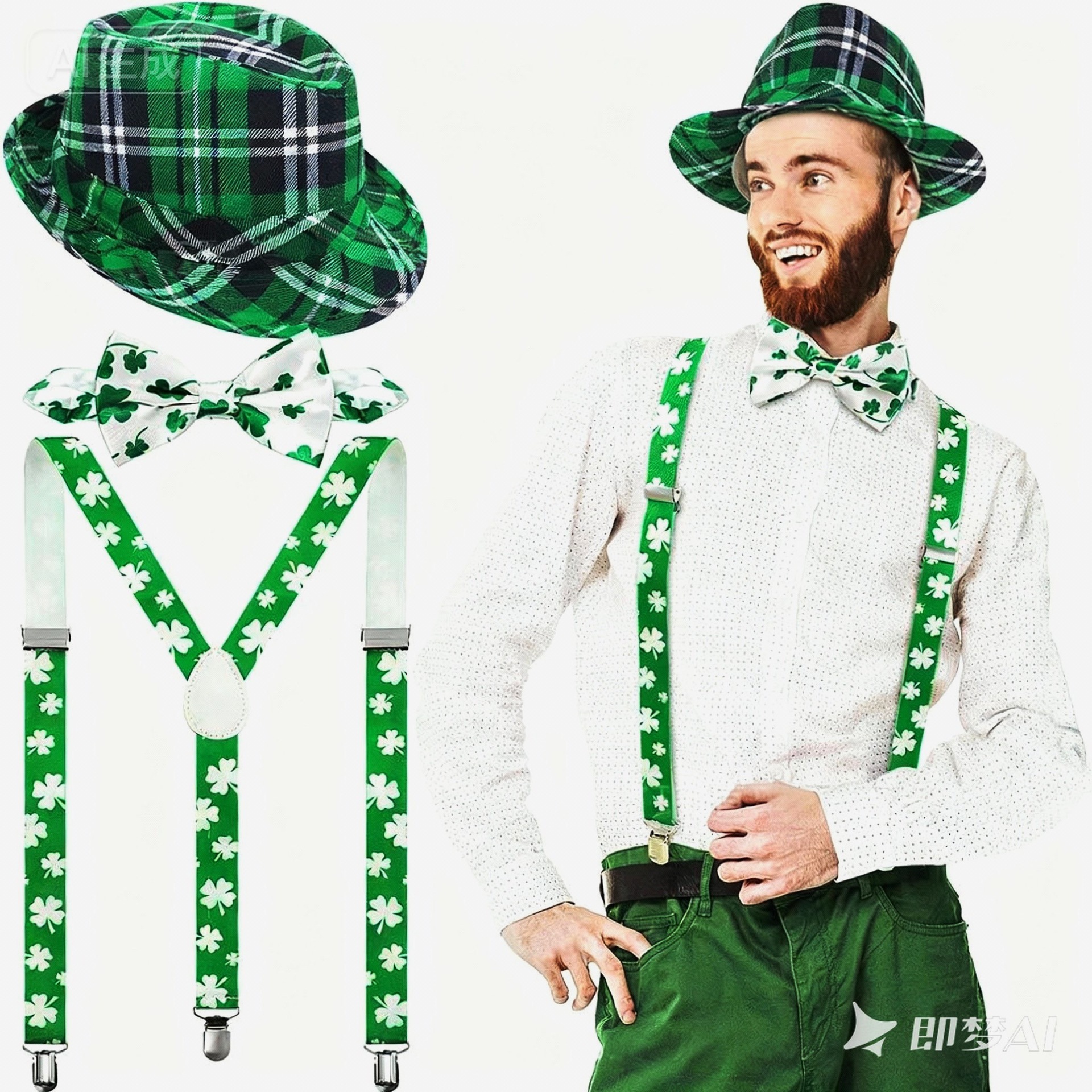 Irish St. Patrick's Day Green Plaid Fedora Cap Baseball Cap Suspenders Bow Tie Skirt Party Outfit