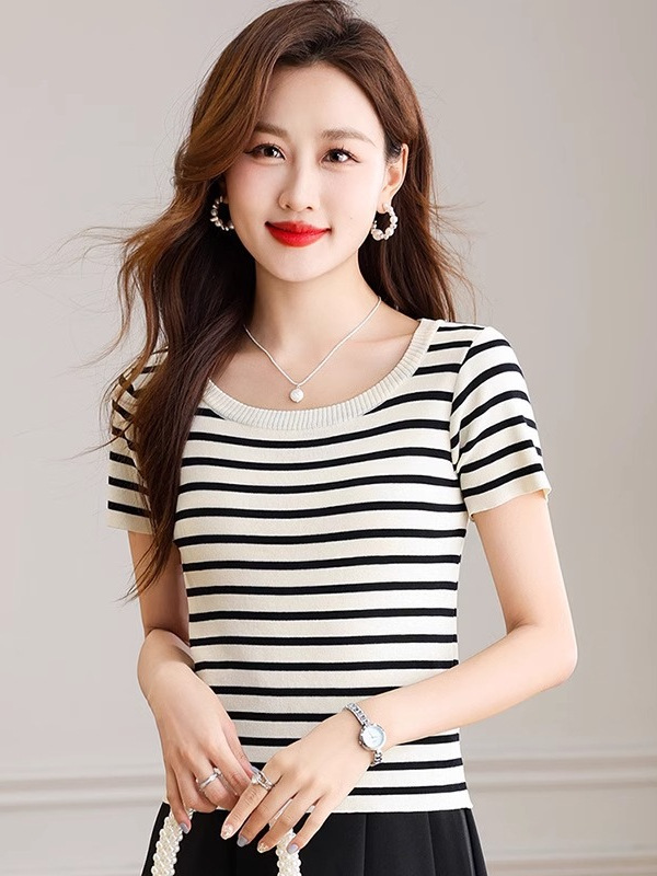 French Stripesd Knitwear Women's Short-Sleeved Spring and Summer New Round Neck Bottoming Shirt Top Long-Sleeved Elastic Slim T-Shirt