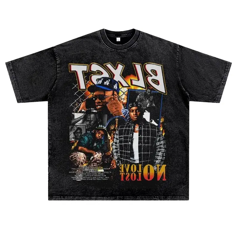 Aliexpress Export Loose Short-Sleeved T-Shirt American Street Rock Print Men's Trendy Brand Old Retro Washed Wholesale