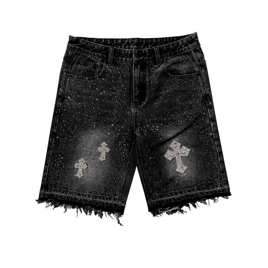 Cross-Border Retro Hot Diamond Irregular Denim Shorts Harajuku Hip-Hop Street Black Loose Straight Jeans for Men and Women