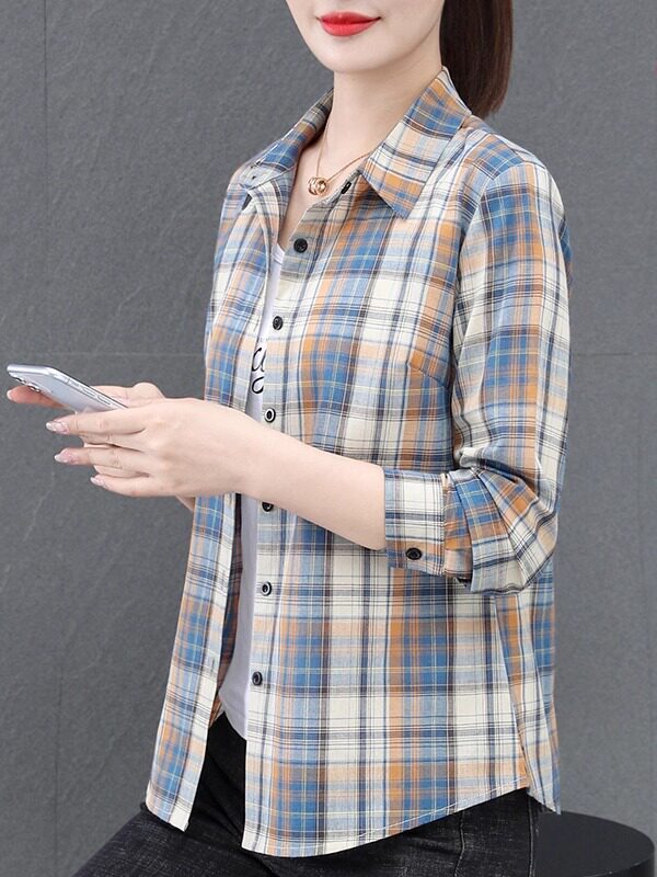 High-End Pure Cotton Plaid Shirt for Women, New Autumn Style, Long-Sleeved Top with Lapel, Casual Versatile Shirt for Middle-Aged Moms