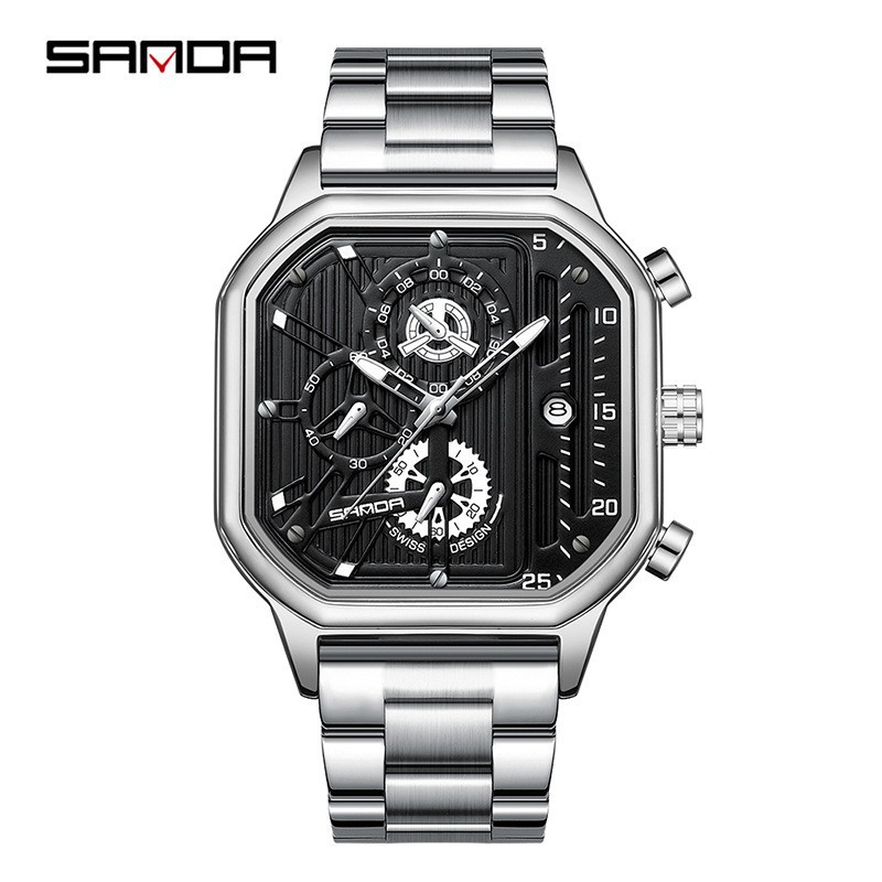 Sanda Hot Selling Trendy Belt Men's Watch Square Luminous Waterproof Steel Belt Quartz Men's Watch Calendar Men's Watch