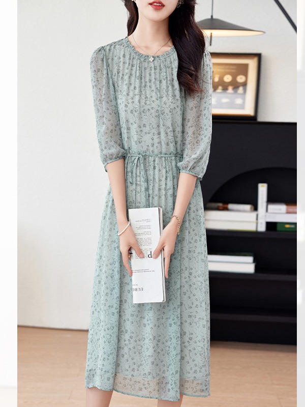 Hangzhou Silk Dress for Women, Mid-Length, 2026 New Summer Style, Round Neck, Printed, Elegant, Slimming, Mulberry Silk Dress
