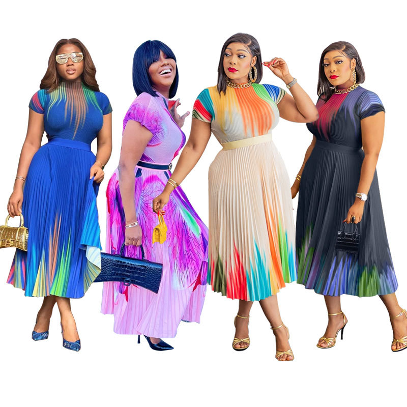 8658 European and American Cross-Border Women's Casual Plus Size Dress Summer Export Short-Sleeved Skirt Fashionable Long Skirt Large Hem Skirt