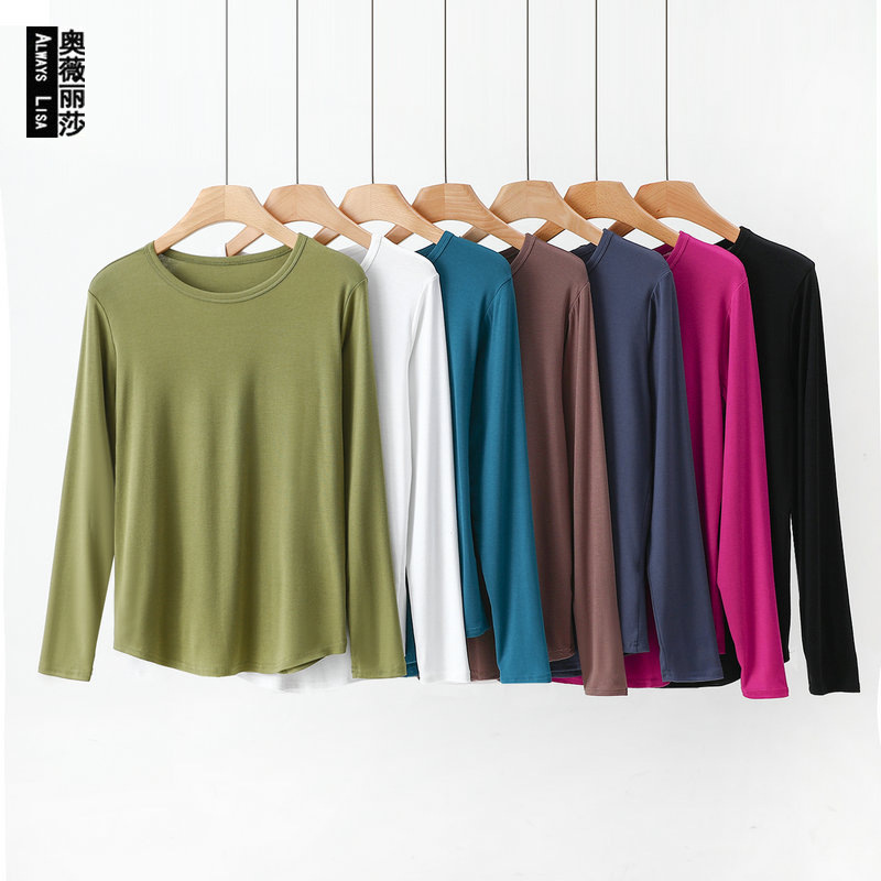 2023 Solid Color Round Neck Thread Cotton Long-sleeved T-shirt plus size Women's Spring and Autumn Outer Wear Top Loose Fat Base Shirt