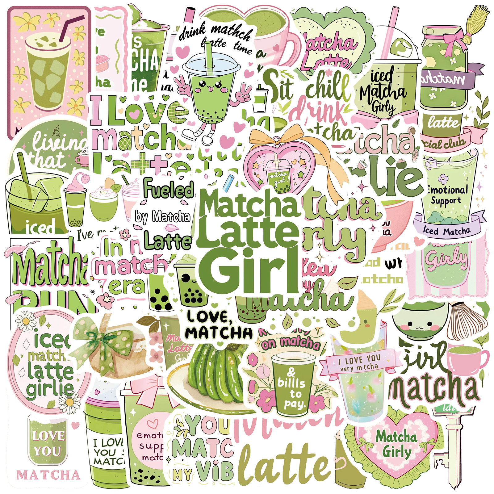 50 Pieces of Summer Fresh Style Matcha Girl Stickers Creative DIY Trolley Case Notebook Handbook Decorative Stickers Cross-Border