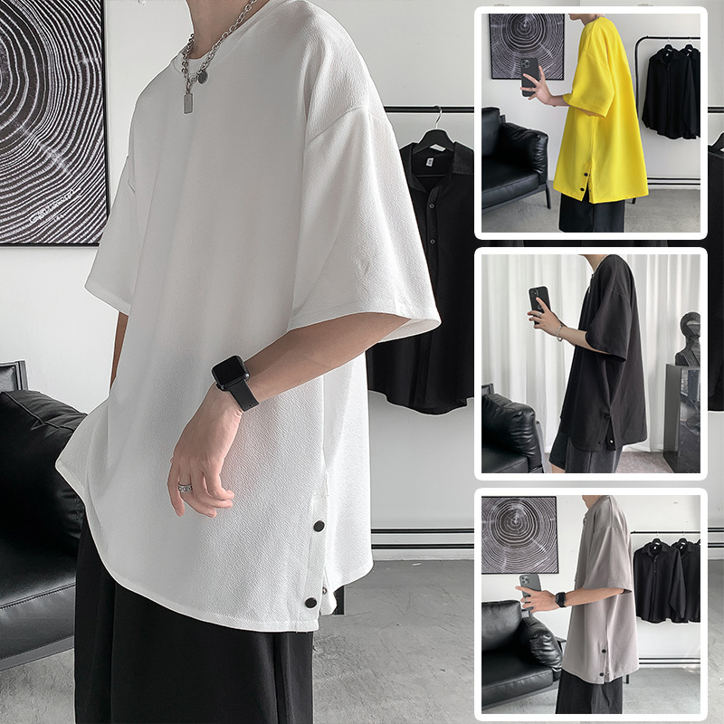 Short-sleeved T-shirt Men's Trendy Brand ins2023 Summer Loose Split-breasted Half-sleeve Clothes Couple's Trendy Five-point T-shirt