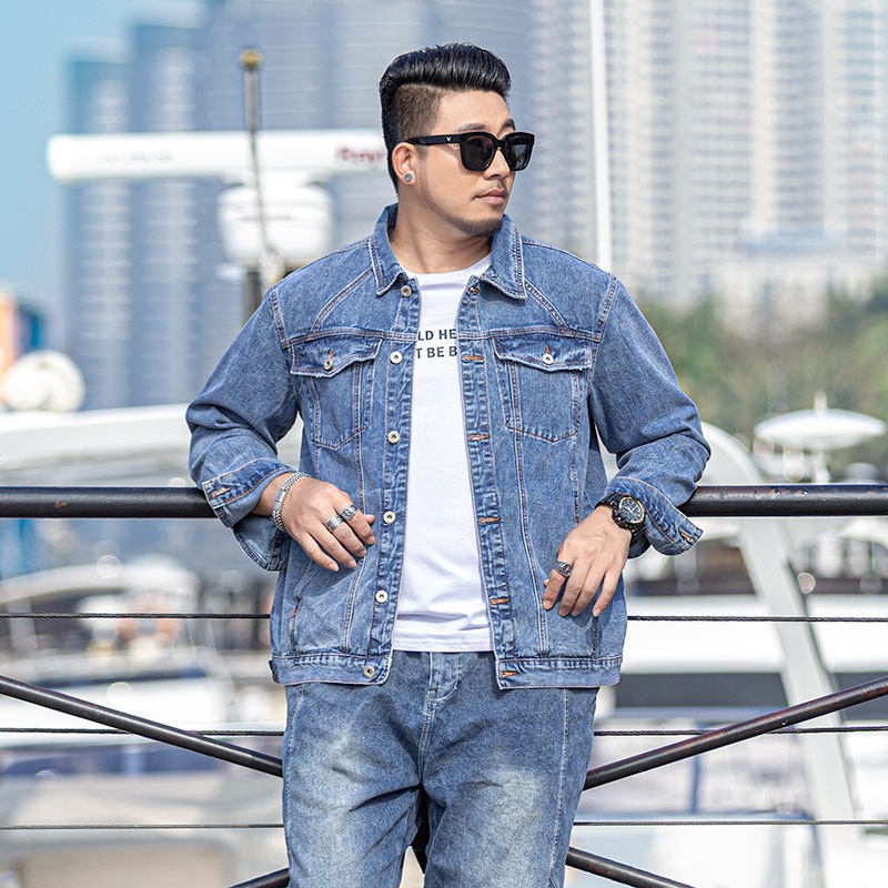 2020 trendy brand plus size men's spring new light blue washed Denim jacket loose plus size men's coat