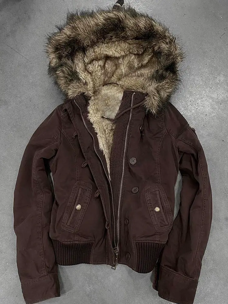 Half-Sleeping Girl Original American Retro Brown Jacket Women's Vintage Fashion High-End Fleece-Lined Jacket Winter