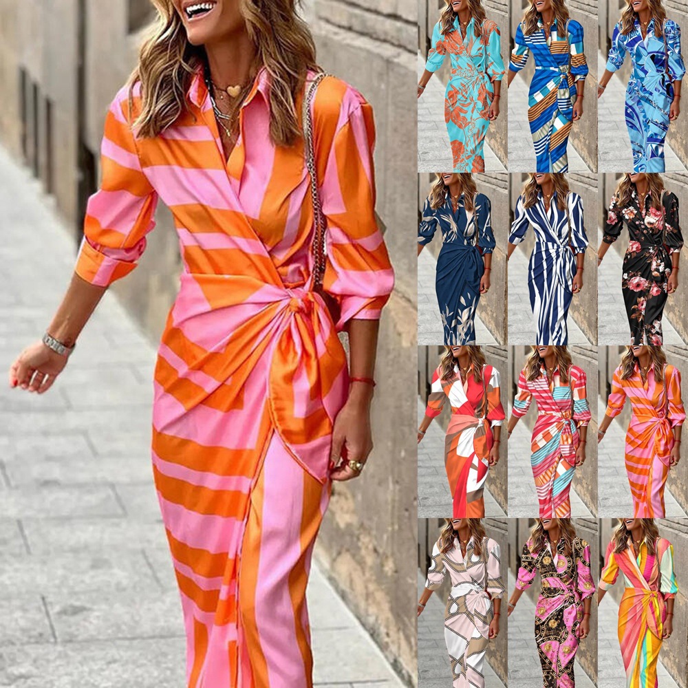 2022 Europe and the United States cross-border foreign trade women's new fashion printed shirt collar lace-up long striped dress