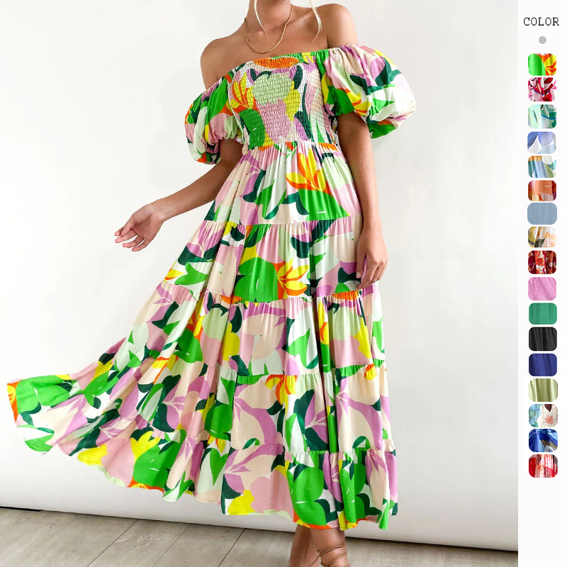 2025 Summer New European and American Puff Sleeve Vacation Slim Long Skirt Hot Girl High Waist One Shoulder Printed Dress Women