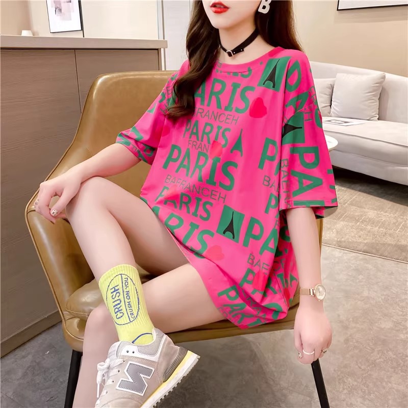 2026 Summer New Mid-Length Women's Top Korean Style Trendy Letter Ins Loose Versatile Short-Sleeve T-Shirt