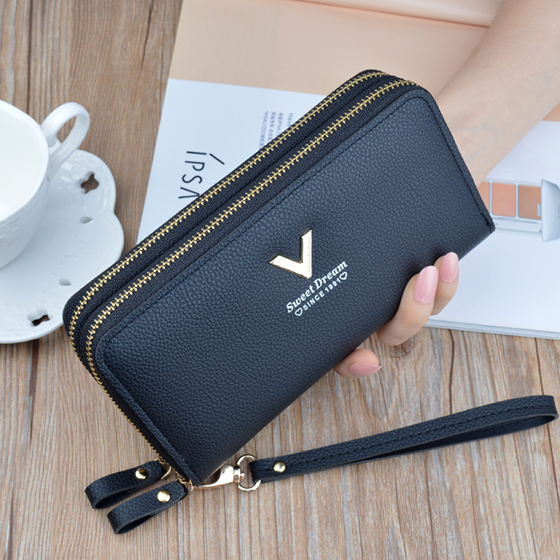New wallet women's double zipper long clutch fashionable simple lychee pattern large capacity double-layer wallet mobile phone bag