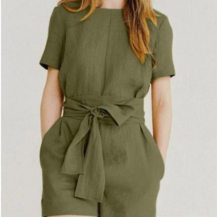 A large number of in stock cross-border 2023 new short-sleeved suit cotton and linen women's solid color pocket casual one-piece belt belt