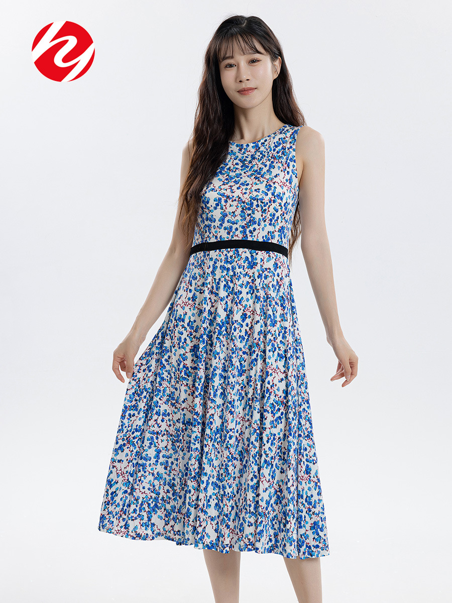 Huaye Silk dress Women's Summer New Mulberry Silk Knitted Sleeveless Printed Vest Large Swing Skirt Loose Skirt
