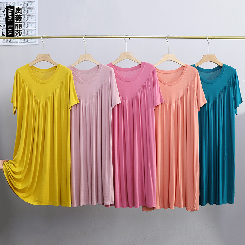 Modal dress Women's Summer 2025 plus size Crewneck Chubby Pleated Skirt Loose Short-sleeved Long Skirt Thin Nightgown