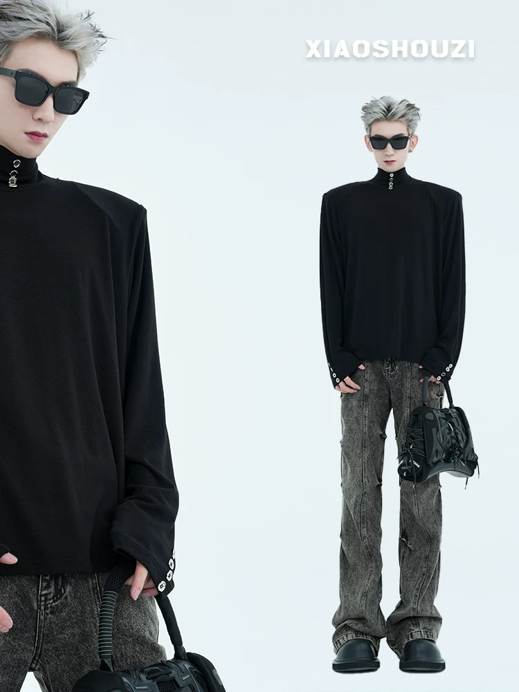 Red Half-High Collar Base Shirt for Men, Autumn and Winter High-End Button Design Niche T-Shirt for Men with Shoulder Pads, Trendy Inner Wear Foto QC de TAOBAO na Qualit.ly