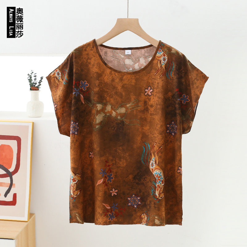 Summer Thin New Cotton Silk Top Women's Short-Sleeved Round Neck T-Shirt Middle-Aged Mother's Wear Large Size Loose Artificial Cotton
