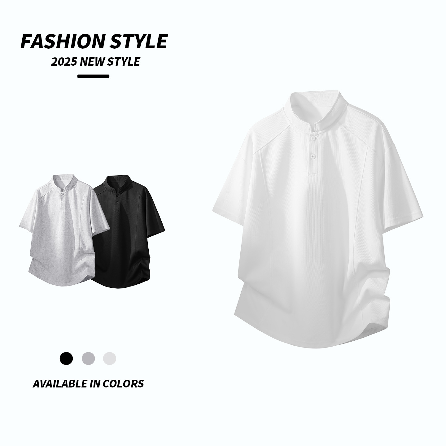 American-Style Patchwork Henry Short-Sleeved T-Shirt for Men, Summer 2026 New Style, Loose Casual Button-Down Top T-Shirt for Men